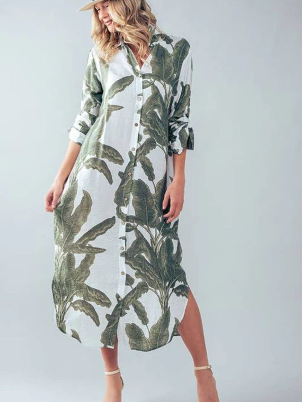 URBAN DAIZY Tropical Palm Leaf Button Down Midi Dress Resort & Spring Collection